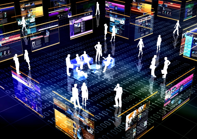 Internet Lifestyle illustrated with people doing activity in futuristic virtual world.